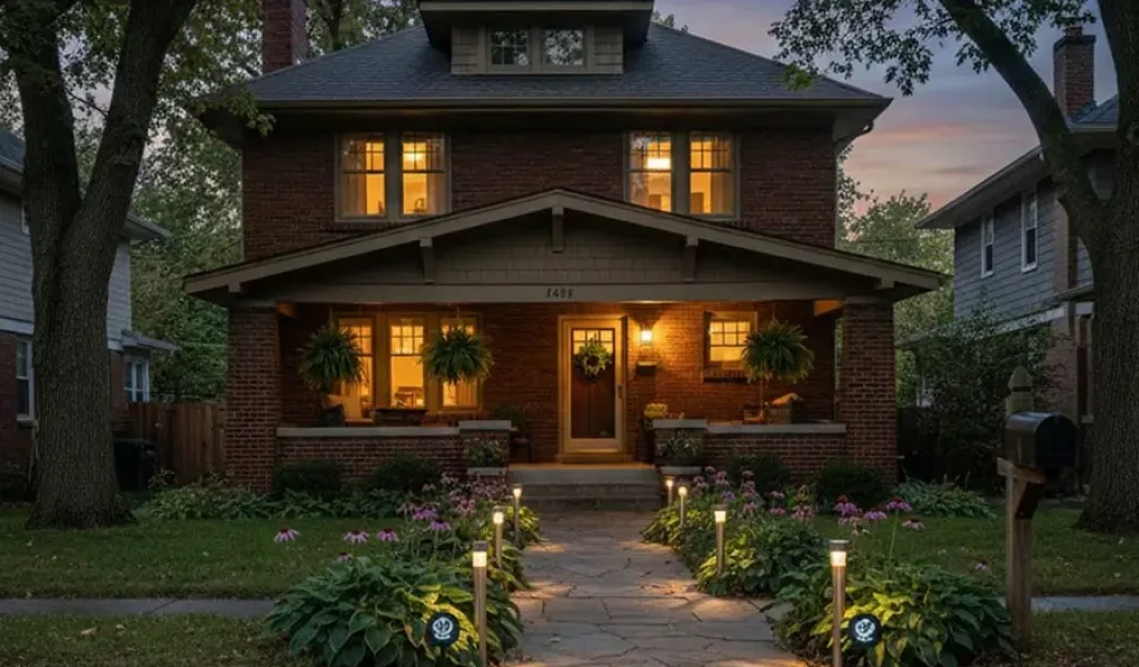 Pathway lighting design installed at an Indianapolis home showcasing warm outdoor lighting along a front walkway for safety, curb appeal, and evening visibility.