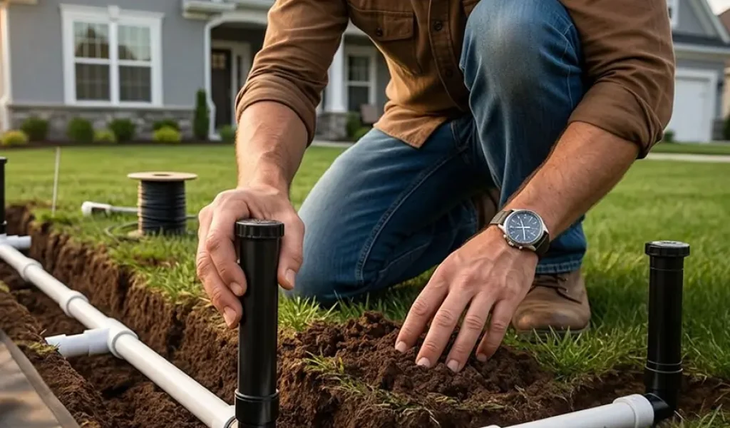 Technician installing automatic lawn sprinkler system with underground irrigation pipes in residential yard in Indianapolis