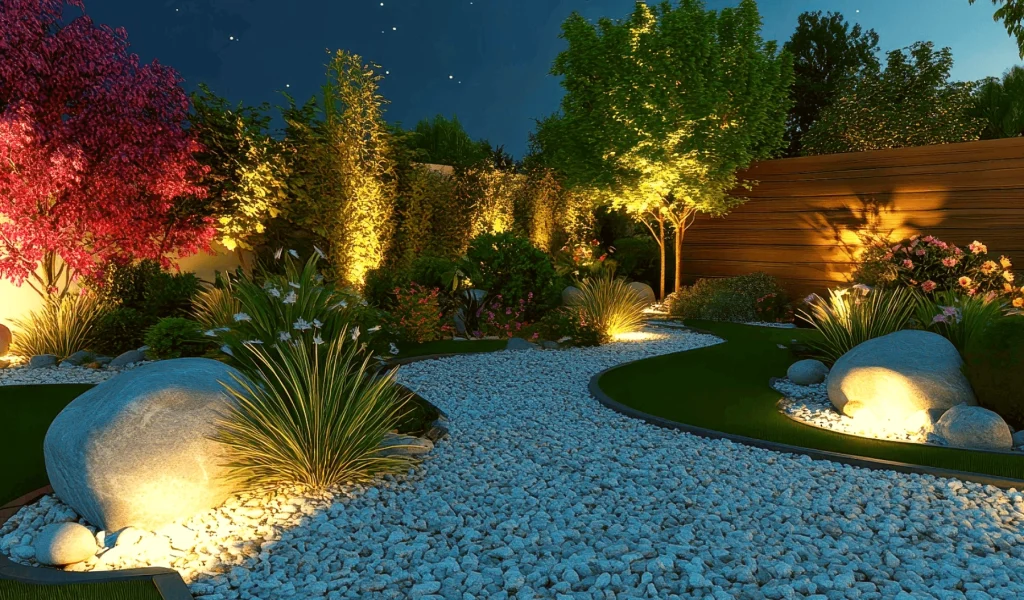 Beautifully lit backyard landscape with pathway lighting, decorative rocks, vibrant trees, and LED accent lights creating a warm nighttime outdoor ambiance.