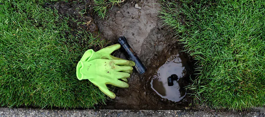 Lime green glove next to a broken sprinkler
