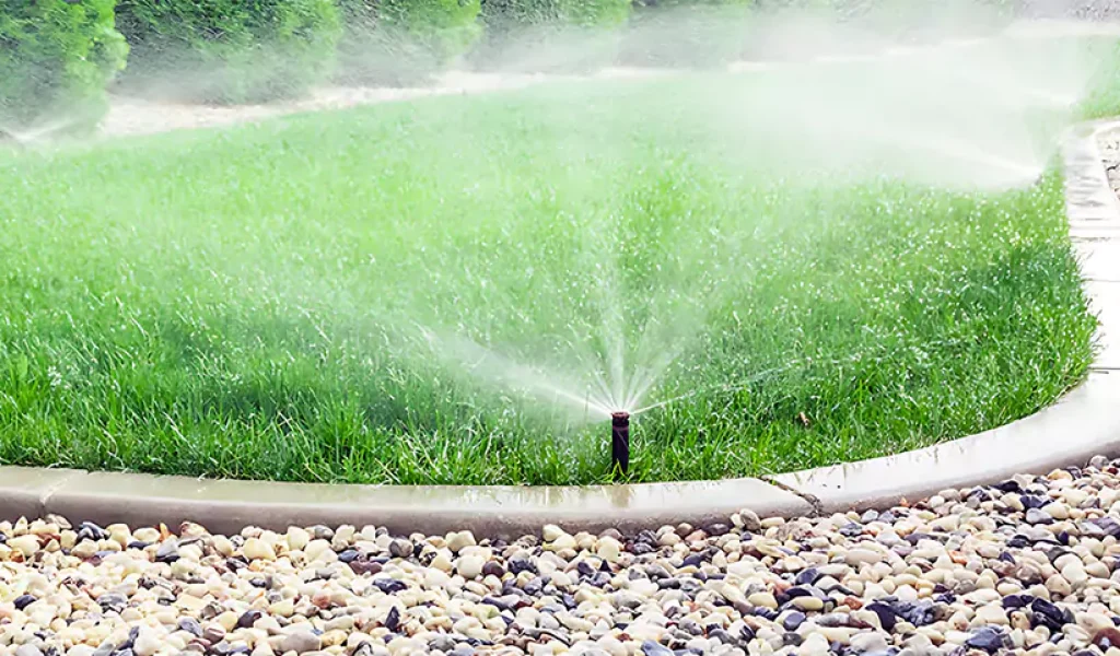 Watering in a green lawn with sprinkler system