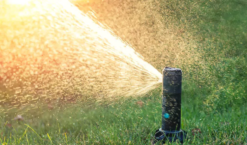 a lawn sprinkler spraying water across green grass in bright sunlight, creating a misty, golden glow.