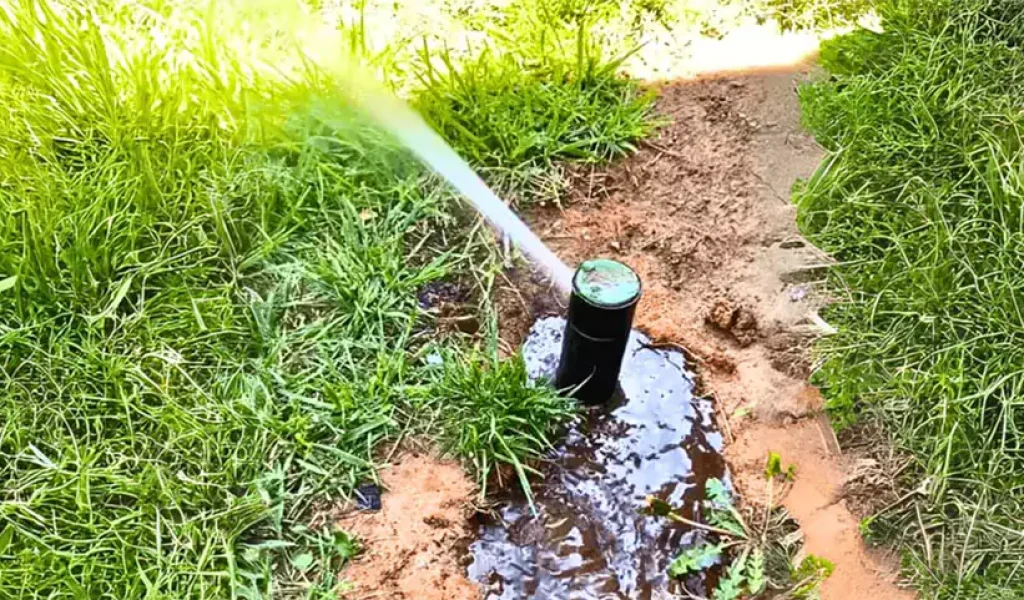 Leaking sprinkler head causing lawn water puddle – common sprinkler system issue needing repair in Indianapolis