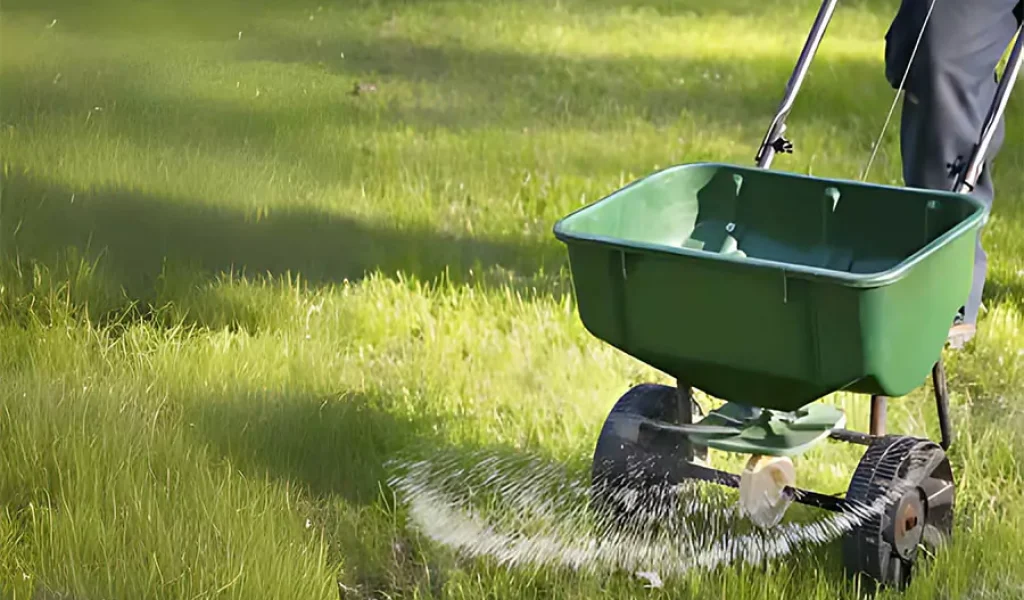 Lawn care professional using a broadcast spreader to apply fertilizer and weed control on a green yard in Indianapolis during spring
