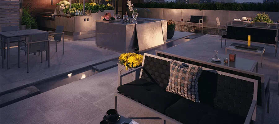 Luxury backyard with lights and water features