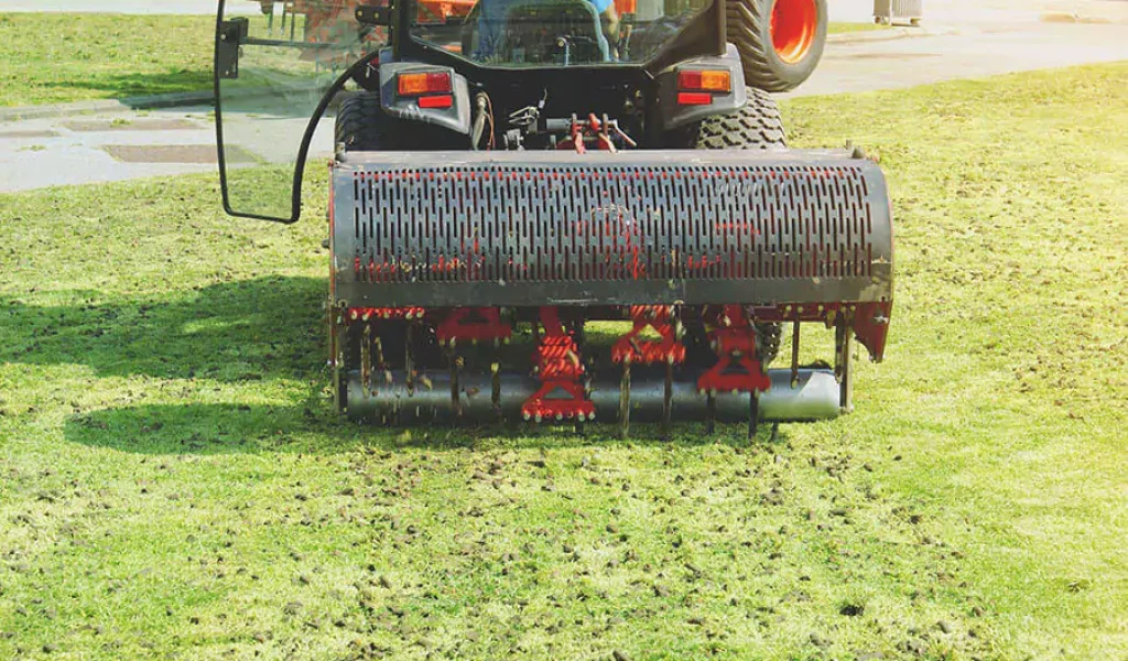 Gardener Operating Soil Aeration Machine on Grass Lawn