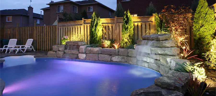 backyard pool with plants around it that are lit up.