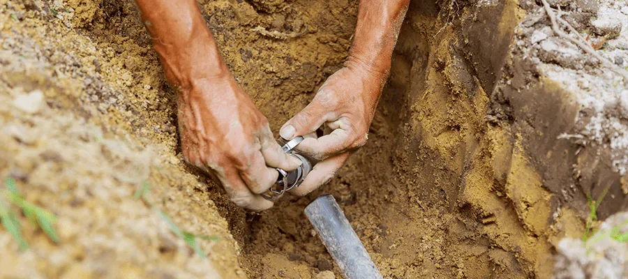 man fixing a pipe in a dugout trench