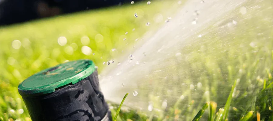 Closeup to a rotary sprinkler head spraying water